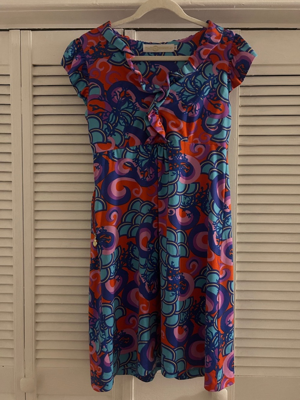 Tracy Negoshian Blue Purple Orange Swirl Midi Dress